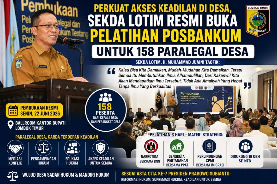 Perkuat Akses Keadilan di Desa, Sekda Lotim Resmi Buka Pelatihan Posbankum untuk 158 Paralegal Desa
