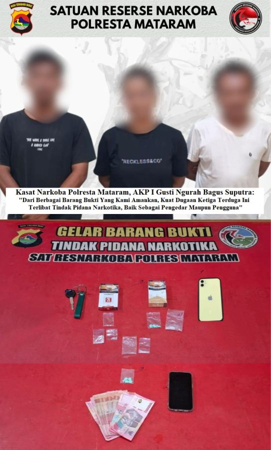 Satresnarkoba Polresta Mataram Berhasil Sita Sabu 1,44 Gram dan 6,5 Butir Ekstasi Dari 3 Pemuda