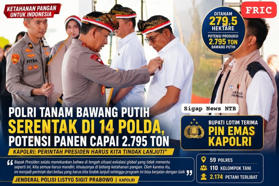 Sembalun Jadi Panggung Ketahanan Pangan, Polri Tanam Bawang Putih dan Beri Pin Emas Bupati Lotim