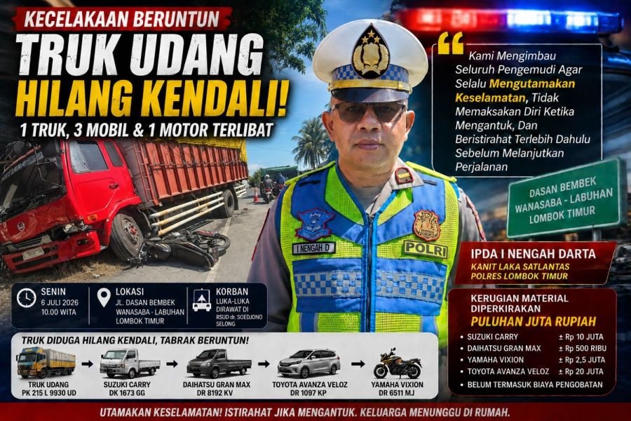 Supir Truk Pengangkut Udang Lindas Sepeda Motor dan Tabrak Tiga Mobil di Dasan Bembek Wanasaba