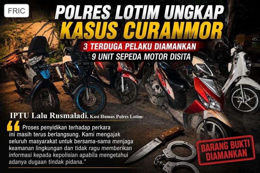 Tim Gabungan Polres Lotim Bongkar Dugaan Curanmor, 3 Terduga Pelaku dan 9 Motor Diamankan