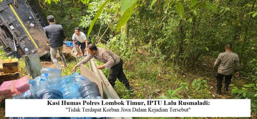 Truk Bermuatan Air Minum Terguling di Jalur Sembalun, 3 Orang Selamat Dievakuasi ke Puskesmas