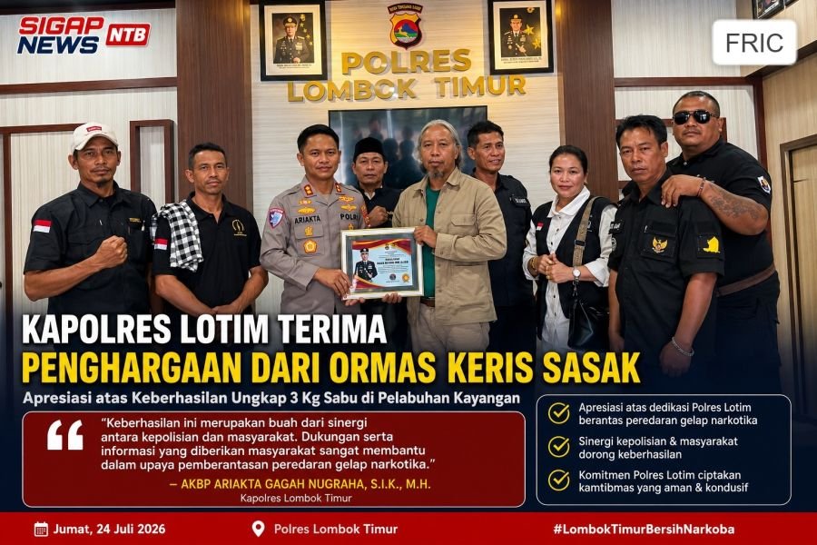 Ungkap 3 Kg Sabu di Pelabuhan Kayangan, Kapolres Lotim Terima Penghargaan Dari Ormas Keris Sasak